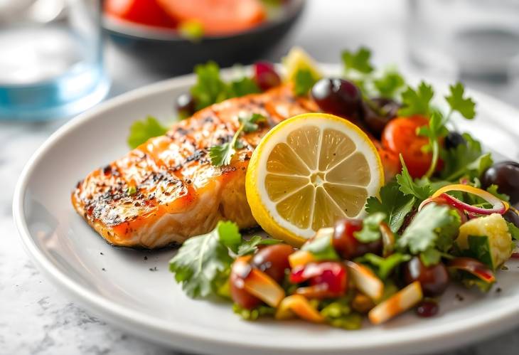 Grilled Salmon with Fresh Salad and Lemon